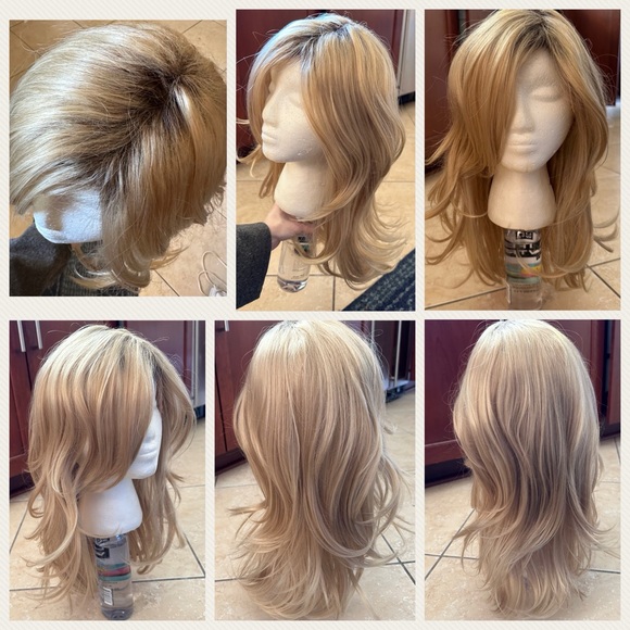 Wig Blonde Brown Roots Shoulder Length Long Shaggy Flaxen Free Part Side Part - Picture 7 of 16